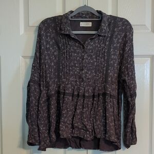 Lucky Brand Gray Pleated Long Sleeve Blouse